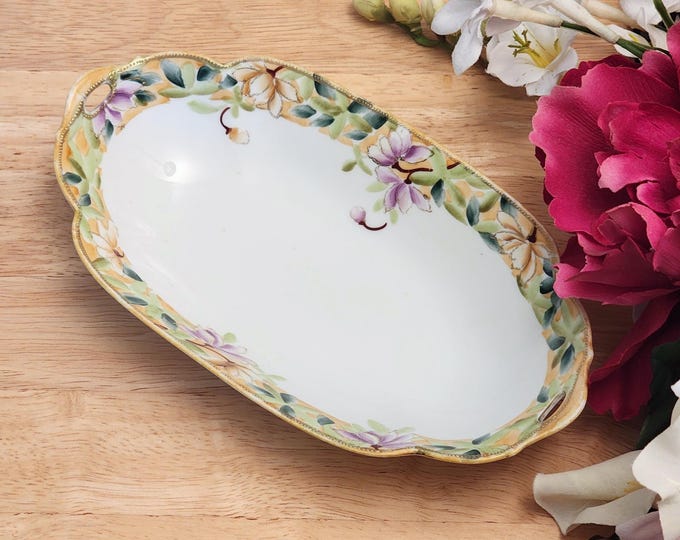 Antique Morimura Nippon Relish Dish – Hand Painted Floral Bowl with Scalloped Edge & Gold Beading