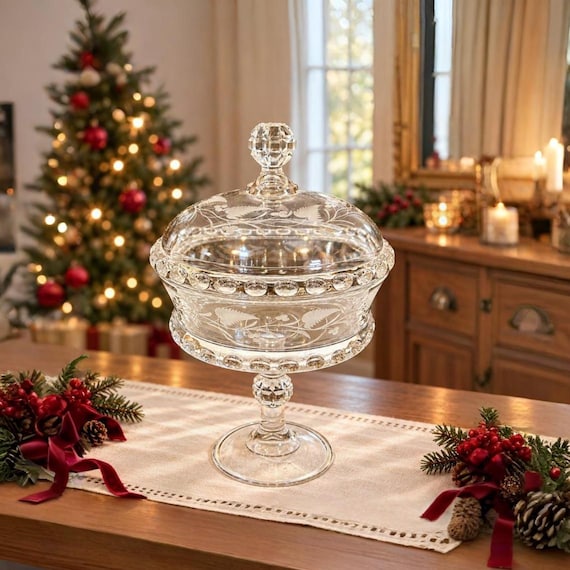 Antique Dakota EAPG Compote, Etched Fern Berry, Thumbprint Glass (10.75 Inch)
