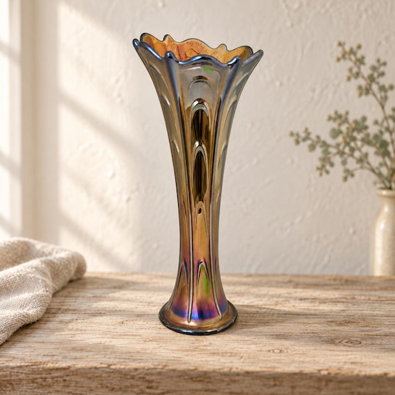 Antique Dugan Pulled Loop Carnival Glass Vase Iridescent Swung Stretch Art Nouveau 1900s