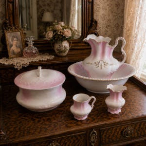 May include: A white ceramic wash set featuring a pitcher, a large basin, a lidded bowl, a small handled cup, and a small vase. Each piece is decorated with a soft pink gradient and gold-toned accents. The set is arranged on a dark wooden surface.