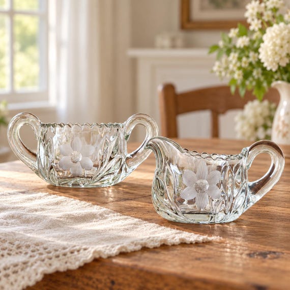 Antique Edwardian Marjorie Creamer and Sugar Bowl Set, U.S. Glass Floricut, EAPG Pressed Glass