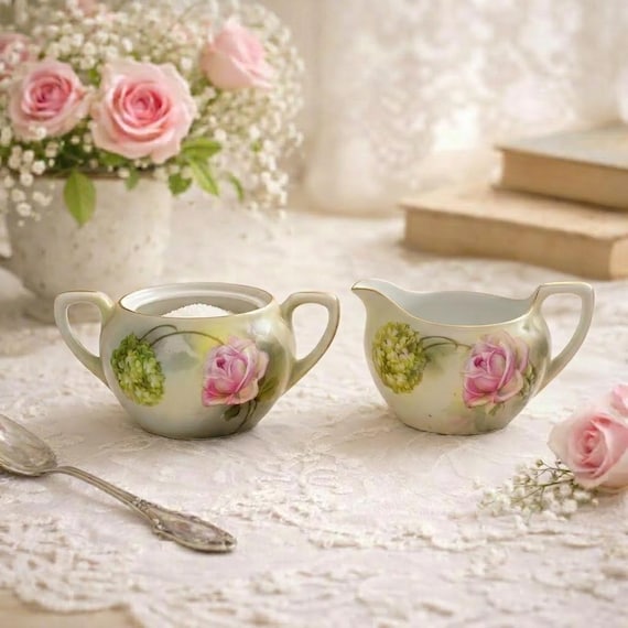 Vintage RS Germany Creamer and Sugar Set Hand Painted Porcelain Green Mark