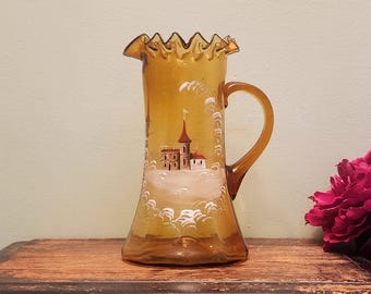 Victorian Amber Glass Pitcher: Hand-Painted Castle Scene, c. 1880-1910