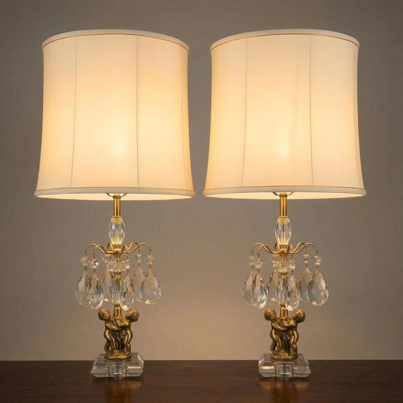 Hollywood Regency Cherub Waterfall Crystal Lamps Pair – Mid Century Glam – No Shades