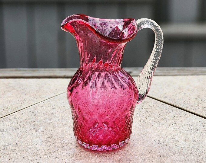 Chalet Hand Blown Cranberry Pink Glass Pitcher Vase for Mid Century Modern Home Decor