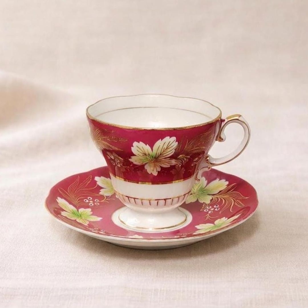 Shafford Japan Cup and Saucer – Burgundy Floral With Gold Trim