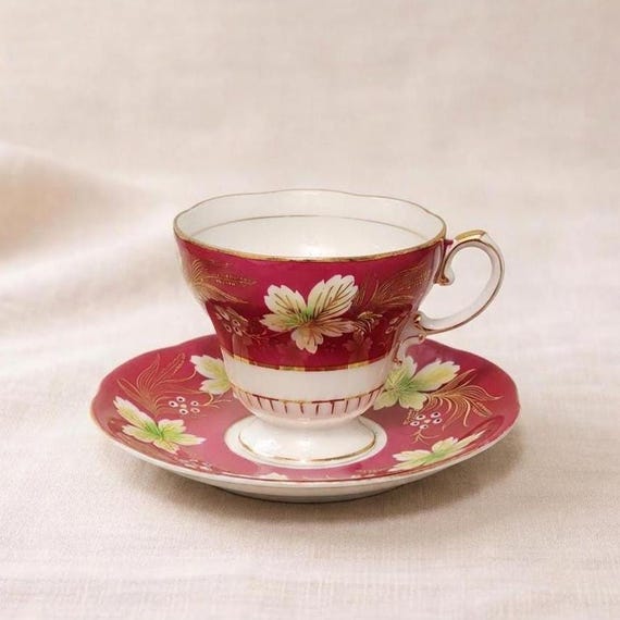 Shafford Japan Cup and Saucer – Burgundy Floral with Gold Trim – Mid Century Porcelain