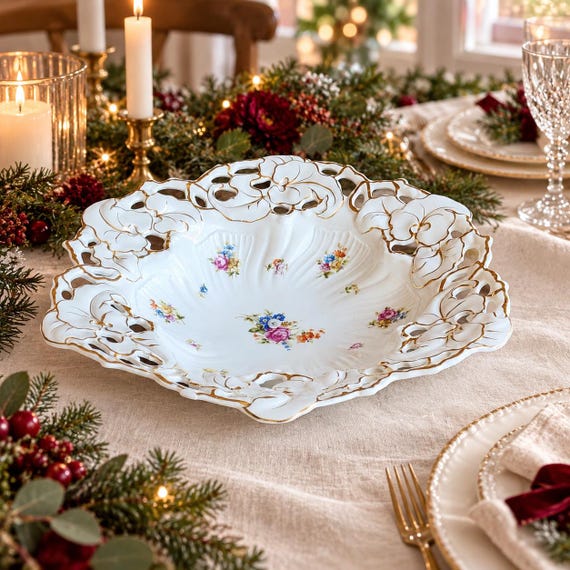 Antique Carl Tielsch Altwasser Porcelain Centerpiece Bowl, Hand-Painted Floral, Reticulated Gold Rim 13 Inch