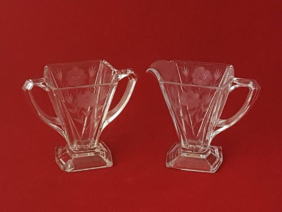Cornflower Etched Creamer Sugar Set – Vintage Art Deco Crystal Glassware