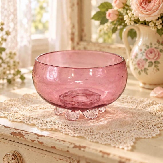 Antique Victorian Cranberry Pink Glass Bowl, Hand Blown Dish, Scalloped Base, c.1880s-1910s