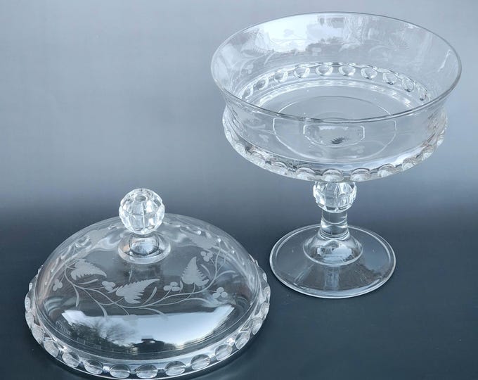 EAPG US Glass Dakota Cut Fern Berries 12" Pedestal Compote Bowl from the 19th Century
