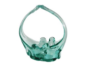 Large Vintage Handmade Teal Green Glass Basket Centerpiece Home Decor