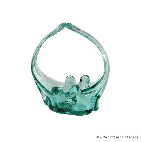 Large Vintage Handmade Teal Green Glass Basket Centerpiece Home Decor