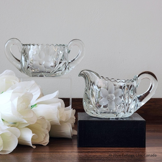 Antique EAPG Creamer & Sugar Set – U.S. Glass Floricut Marjorie Near-Cut c.1910s