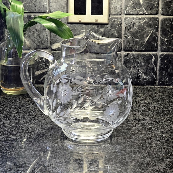 Hughes Cornflower Glass Water Pitcher – Early Mid Century Hand Cut Etched Floral Design Canada