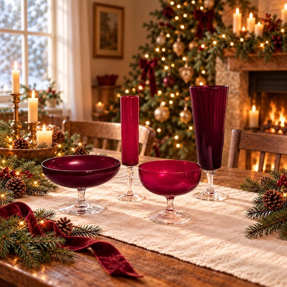 Vintage Ruby Red Glass Collection, 2 Compote Dishes, 2 Stemmed Vases, Mid Century Modern Decor