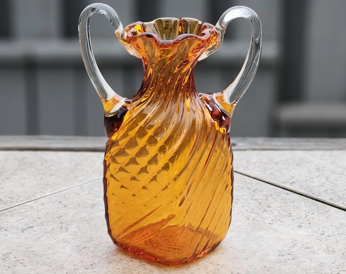 Rossi Hand Blown Twisted Swirl Amber Glass Urn Vase for Mid Century Modern Home Decor