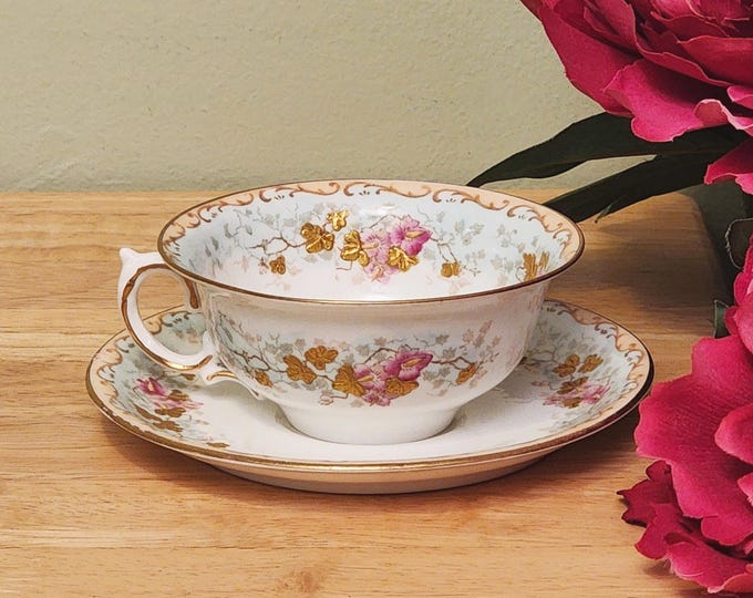 Vintage Pointons England Teacup & Saucer – T801 Pink Rose Gold Floral Bone China, Made in England