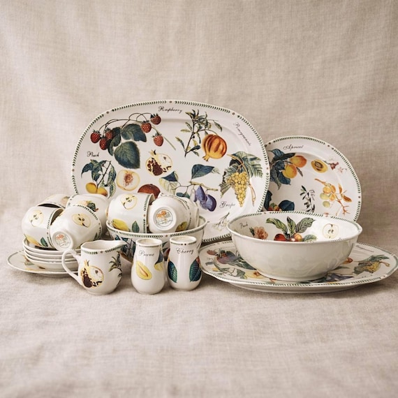 Botanical Fruits 25-Piece Tableware Set Service for Eight (8) – Vintage Cottagecore Stoneware England