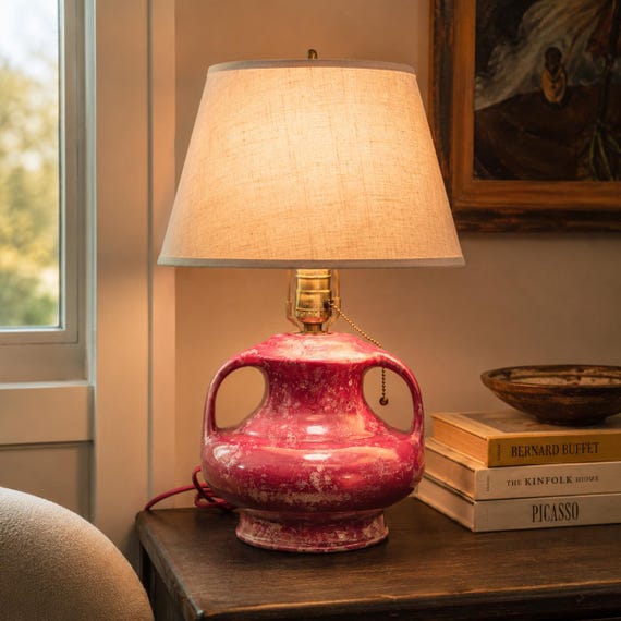 Vintage 1930s Medalta Oxblood Ceramic Table Lamp Canadian Art Pottery Double Handle No Shade