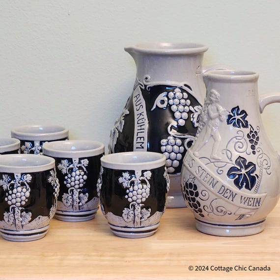 Westerwald Stoneware Wine Pitcher & Cups – Mid Century Vintage Pottery Germany