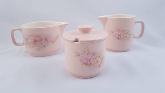 Hornsea Pottery Mid Century Pink Floral Sugar Bowl, Creamer & Milk Pitcher Set