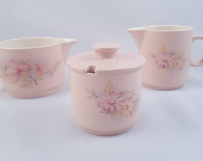 Hornsea Pottery Mid Century Pink Floral Sugar Bowl, Creamer & Milk Pitcher Set