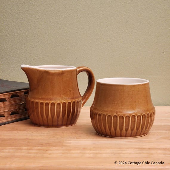 Japan Caramel Brown Creamer & Sugar Bowl — Ribbed Design, Age-Related Crazing, Rustic Charm