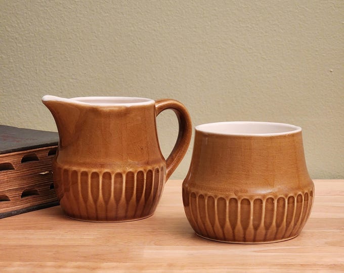 Japan Caramel Brown Creamer & Sugar Bowl — Ribbed Design, Age-Related Crazing, Rustic Charm