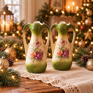 Antique Erdmann Schlegelmilch Art Nouveau Porcelain Urn Vases, Hand Painted Roses, ES Germany (Set of 2)