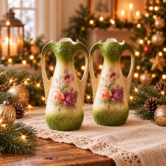 Antique Erdmann Schlegelmilch Art Nouveau Porcelain Urn Vases, Hand Painted Roses, ES Germany (Set of 2)