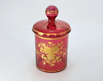 Cranberry Glass Candy Jar with Gold Accents