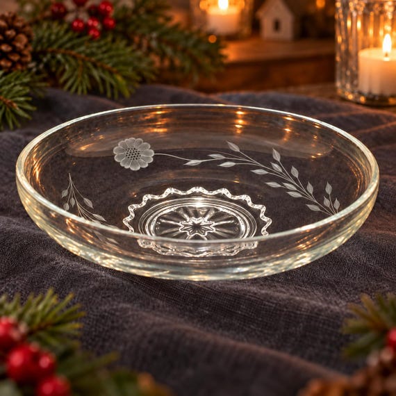 Vintage W.J. Hughes Cornflower Glass Console Bowl, Hand Cut Floral Starburst Base (11 Inch)