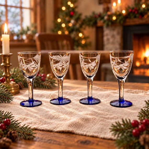 Vintage Weston WGL1 Etched Leaf Cordial Glasses, Cobalt Blue Bases (Set of 4)