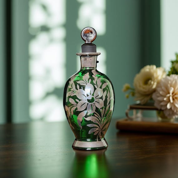 Italian Green Glass Silver Overlay Decanter – Mid Century San Marino, Italy