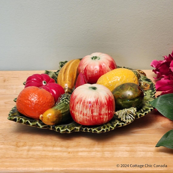 Vintage Portuguese Majolica Fruit Centerpiece – Colorful Ceramic Fruits on Green Leaf Base