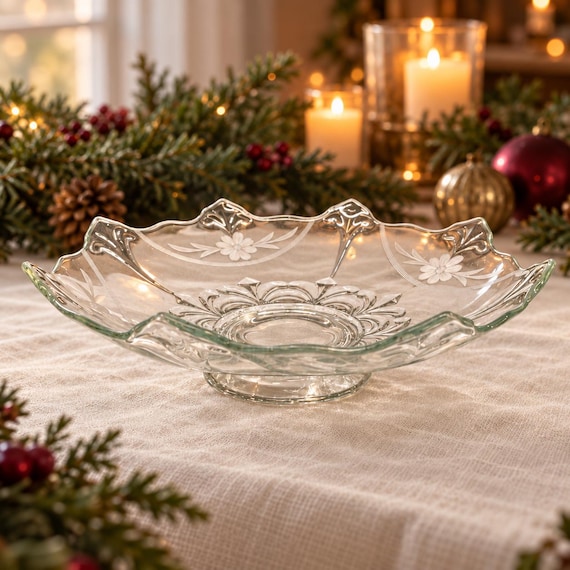 Vintage Indiana Glass Duchess Bowl, Double Fleur-de-Lis, Art Deco Cut Glass Centrepiece, 12.5 Inch