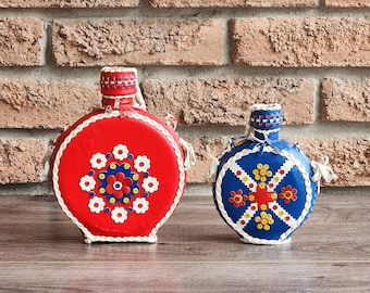 Vintage Handmade Folk Art Leather Wine Whiskey Canteen Set