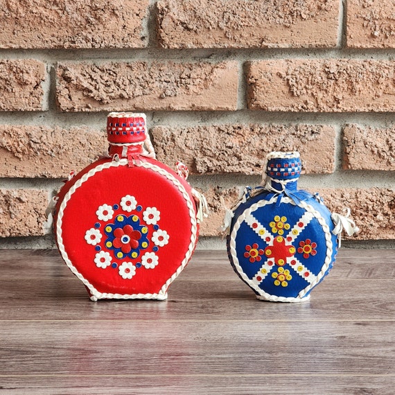 Vintage Handmade Folk Art Leather Wine Whiskey Canteen Set