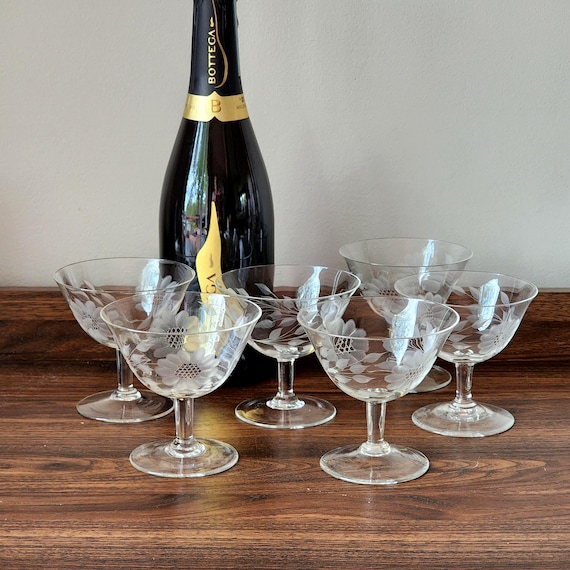 W.J. Hughes Cornflower Uranium Glass Coupe Champagne Sherbet Glasses, UV Glow (Set of 6)