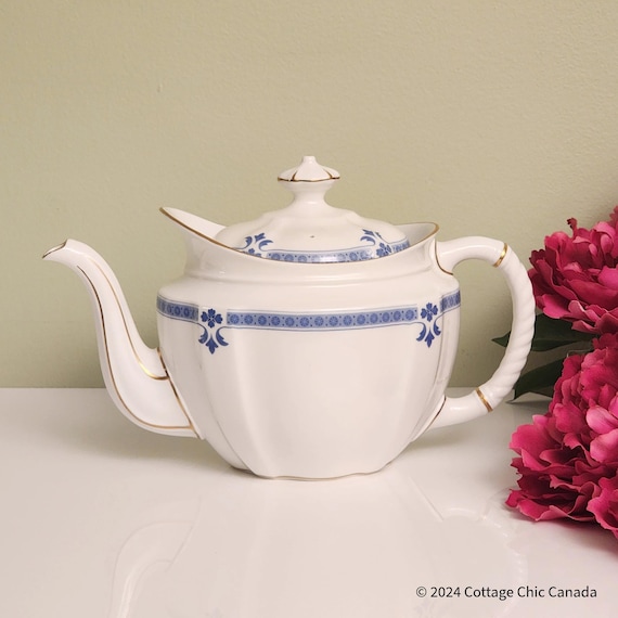 Royal Crown Derby Grenville Teapot Elegant Blue and Gold Trim – Fine Bone China England