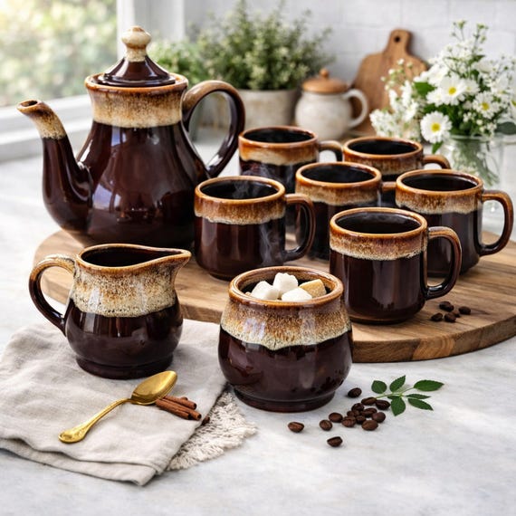 Vintage Brown Drip Glaze Pottery Tea Set - 10 Piece 1970s Stoneware Taiwan