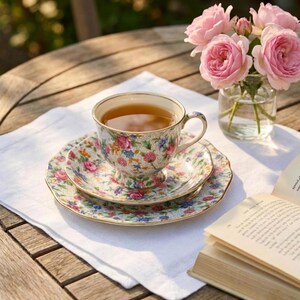 Juego de té vintage Royal Winton Grimwades Old Cottage Chintz, forma Ascot, taza, platillo y plato, Inglaterra