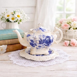 Antieke blauwe Burgess and Leigh Flow theepot met onderzetter – Victoriaans Staffordshire, Engeland