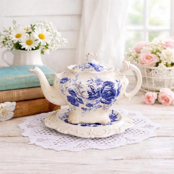 Antique Burgess and Leigh Flow Blue Teapot with Trivet – Victorian Staffordshire England