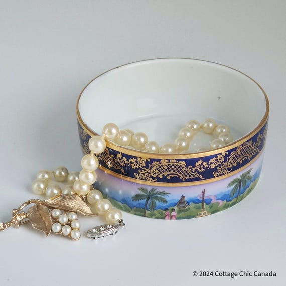 Vintage Hand-Painted Cobalt and Gilt Porcelain Vanity Bowl, Decorative Jewelry or Trinket Dish