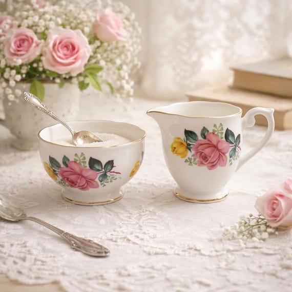 Queen Anne Creamer and Sugar Bowl Set Bone China England Pink Roses Gold Trim