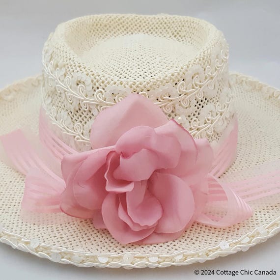 Vintage 1980s Caché Lace Cowboy Hat with Pink Rose and Ribbon