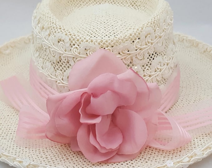 Vintage 1980s Caché Lace Cowboy Hat with Pink Ribbon and Rose Flower, Line Dancing Apparel Accessory