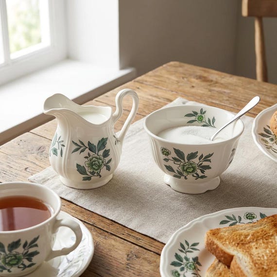 Wedgwood Green Leaf Queen’s Shape Creamer and Open Sugar Bowl – Barlaston England 1949–1957